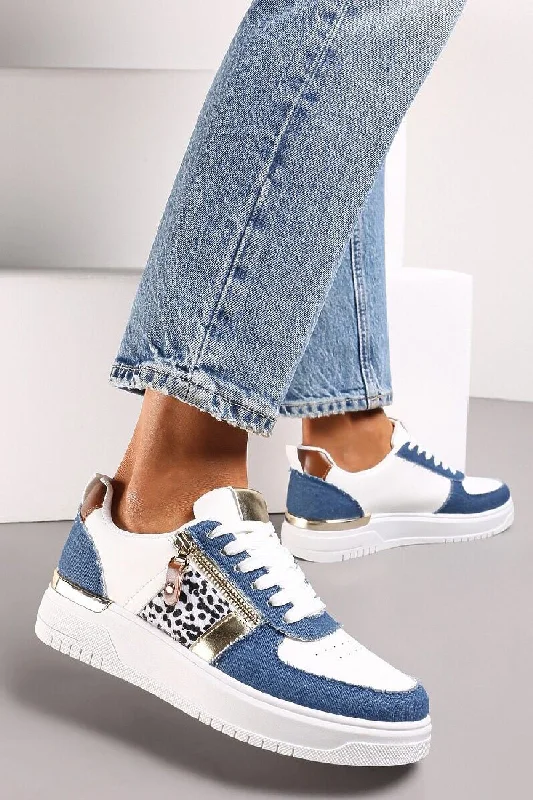 Flats with durable rubber strength-BLUE WHITE LACE UP ZIP DETAIL FLAT SNEAKERS TRAINERS