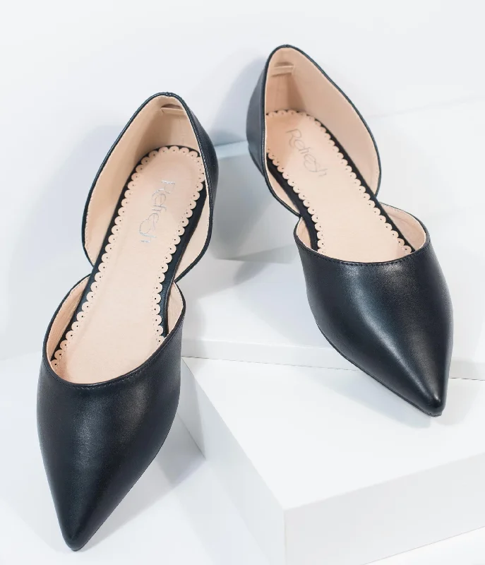 Flats with taupe neutral tones-Black Leatherette Pointed Toe Flats