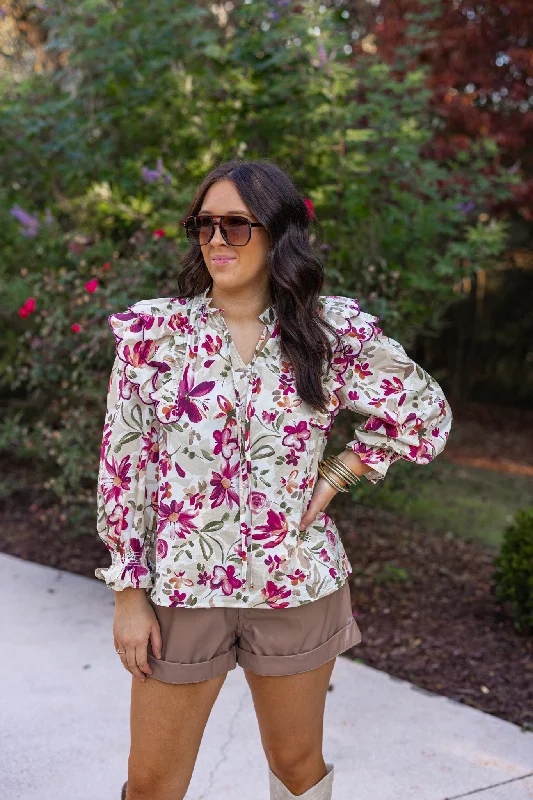 mesh tops for a daring look-Sweet Blooms Cream Floral Top