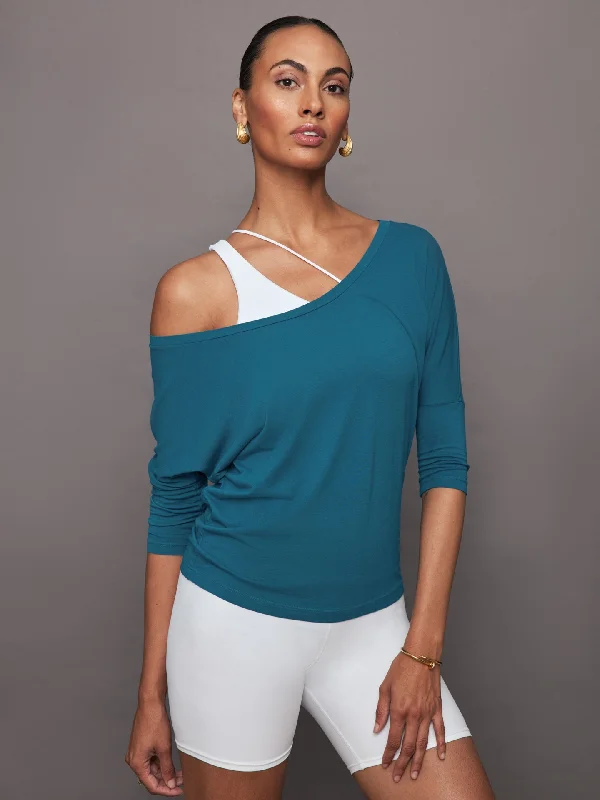 basic fitted tops for easy styling-Long Sleeve Off Shoulder Tee - Deep Lagoon