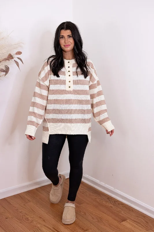 ruffle tops for playful fashion-Comfy Perfection Taupe Striped Sweater