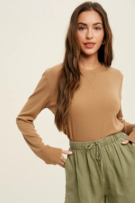 cotton t-shirts for casual comfort-Cozy Basic Caramel Ribbed Top