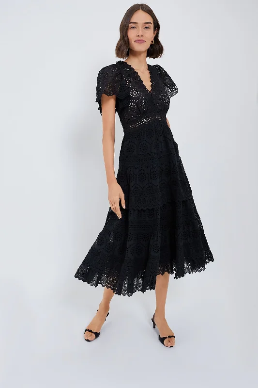 Retro party maxi dresses-Black Lainey Embroidery Short Sleeve Dress