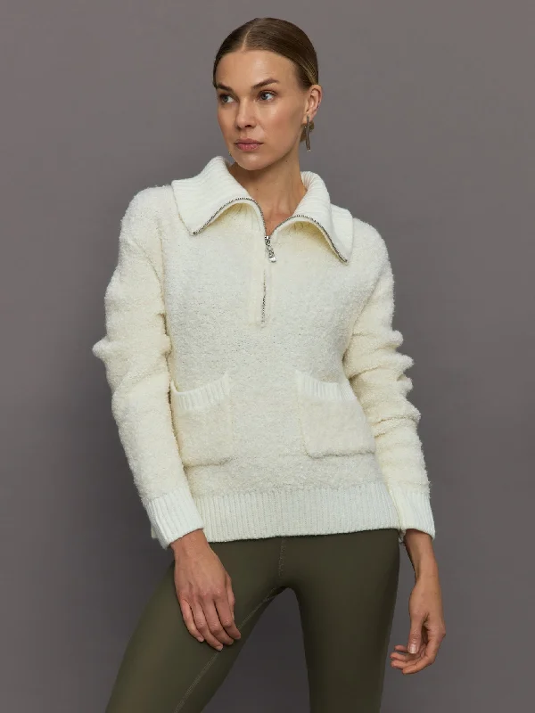 feminine satin tops for a chic evening look-Half Zip Boucle Pullover - Off  White