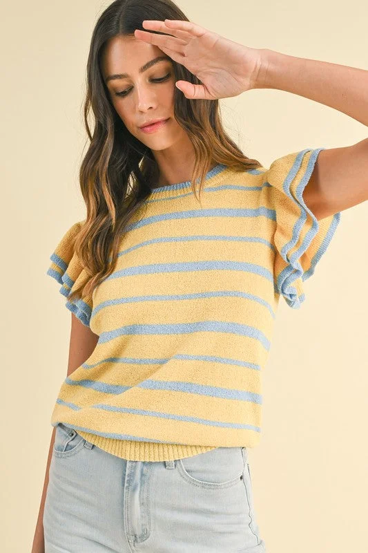 basic v-neck tops for casual style-Bayside Bash Yellow Striped Top