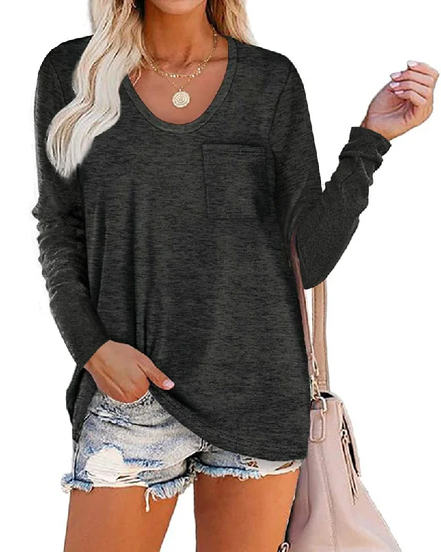 graphic print tops for trendy looks-Haute Edition Long Sleeve Heather Pocket Scoop Neck Long Sleeve Pocket Tunic Top