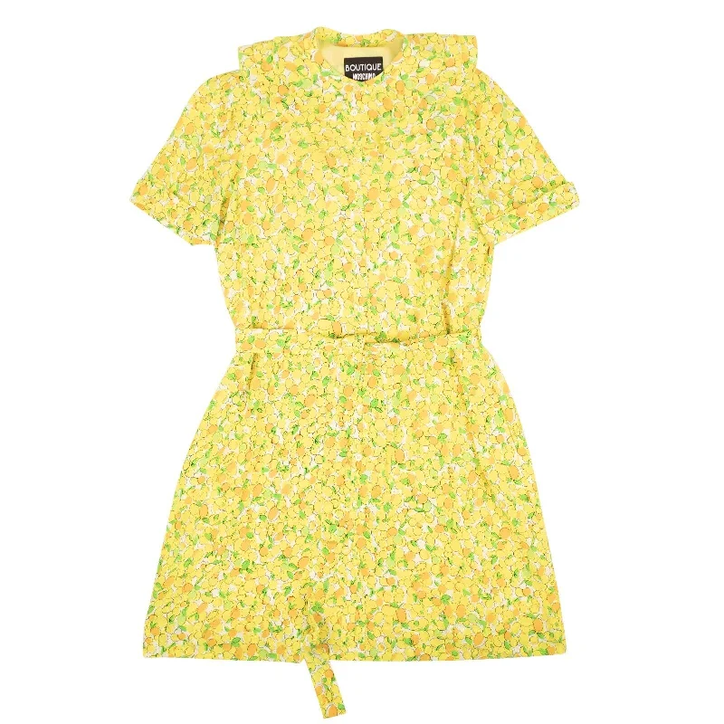 White summer maxi dresses-NWT BOUTIQUE MOSCHINO Yellow Lemon Print Silk Ruffle Neck Dress