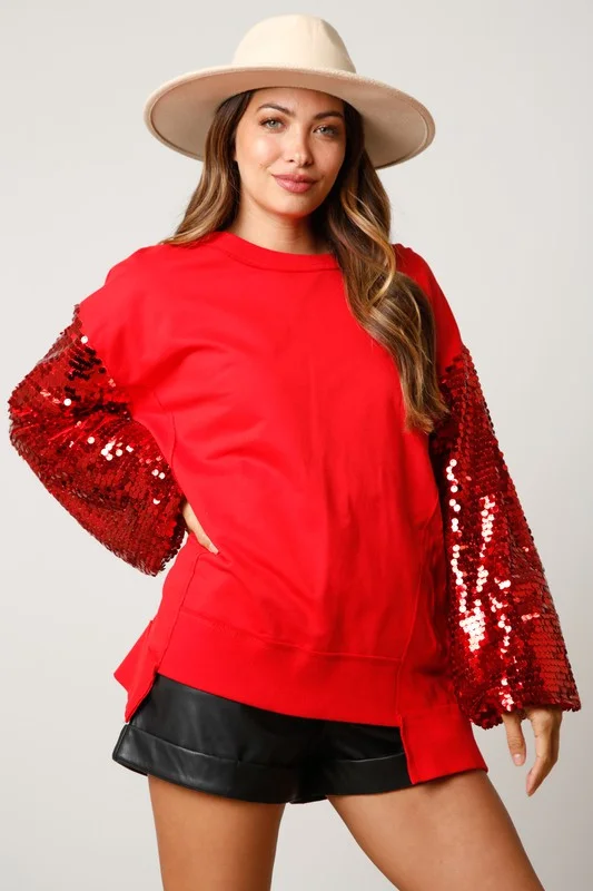 plaid checkered tops for casual outfits-Holiday Glam Red Sequin Top