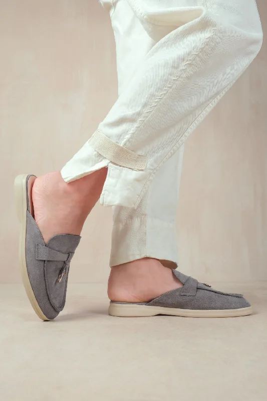 Flats with floral chic patterns-TWILIGHT FLAT SLIP ON LOAFER WITH TASSEL DETAIL IN GREY SUEDE