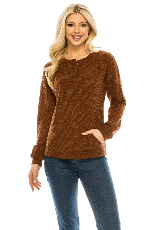 classic long-sleeve shirts for every occasion-Haute Edition Women's Rib Kit Henley Top with Front Pocket