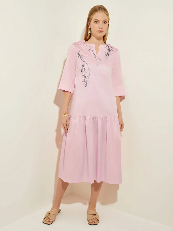 Elegant velvet midi dresses-Drop Waist Embroidered Cotton Poplin Dress