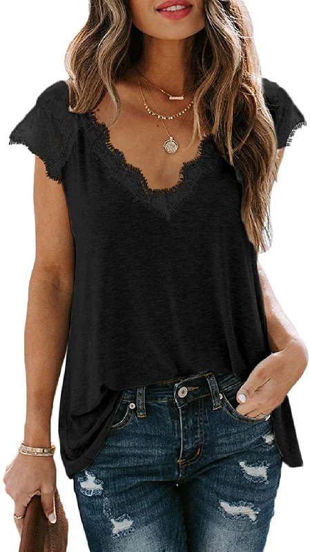 button-up plaid tops for fall fashion-Haute Edition V-Neck Lace Flowy Tee