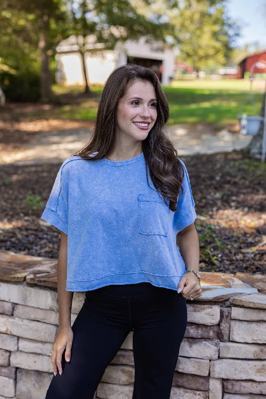 button-up tunic tops for versatile styling-Easy Does It Blue Crop Tee