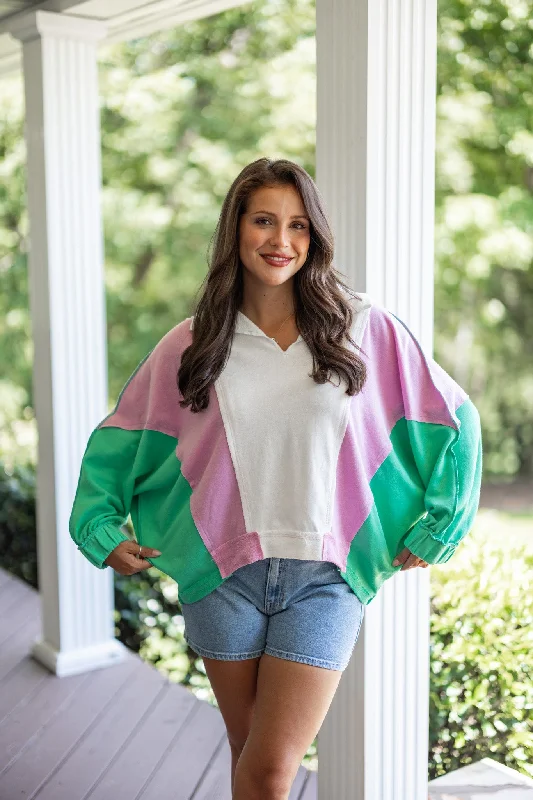 vintage-style tops for retro looks-Colorblock Fab Green Mix Pullover