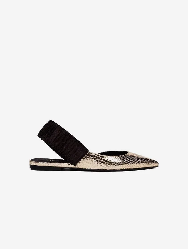 Flats with textured leather patterns-11:30am Sunday Brunch Vegan Leather Slingback Flats | Gold