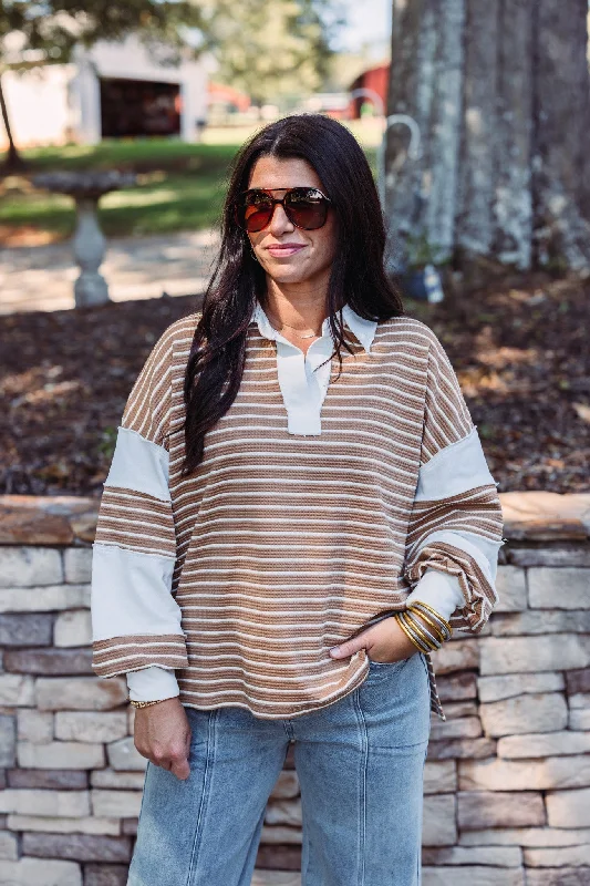 ruched tops for figure-flattering fit-Simply Chic Caramel Striped Top