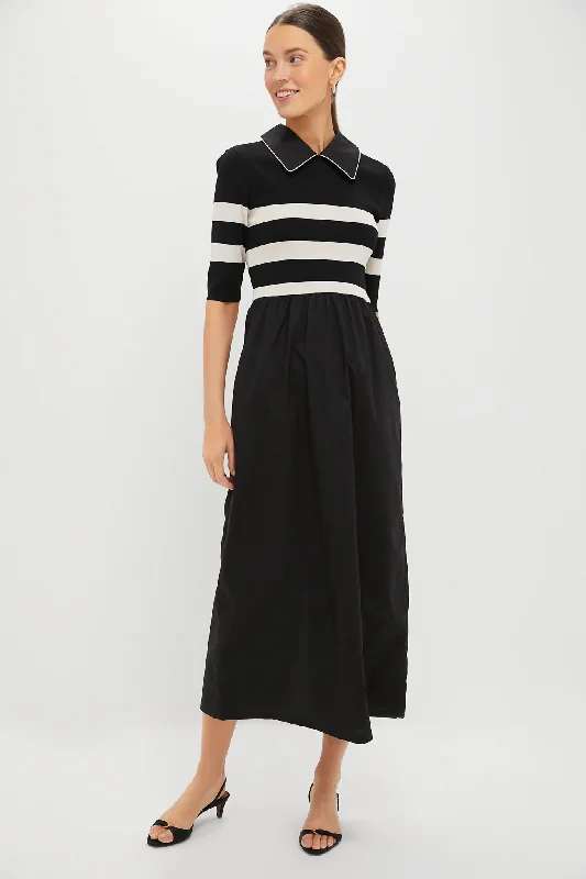 Flowing bridesmaid dresses-Black and Ivory Stripe Short Sleeve Marina Dress