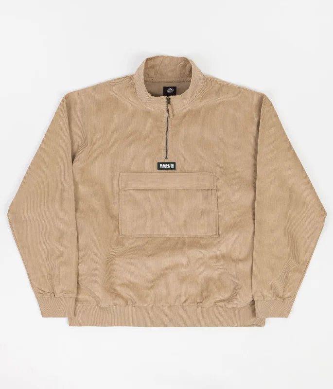 Hoodies & sweatshirts with affordable pack pricing-Magenta Corduroy Kangoo Neckzip Sweatshirt - Beige