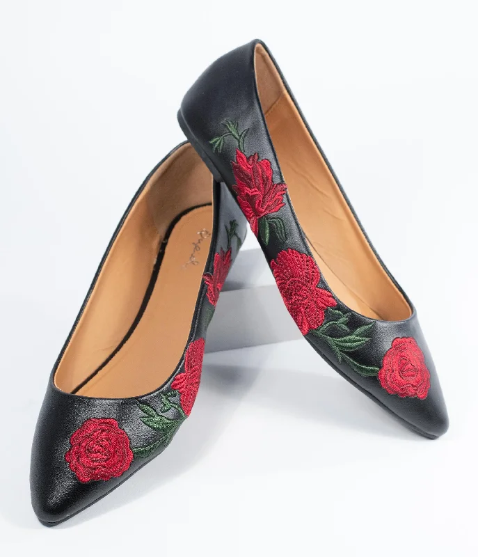 Flats with heavy rubber support-Black & Red Embroidered Florals Leatherette Flats