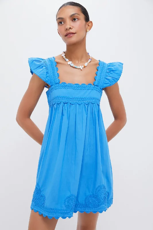 Affordable wedding guest dresses-Cornflower Poplin Baby Doll Dress with Ric Rac Embroidery