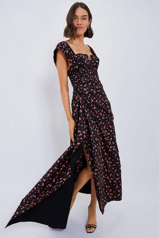 Floral midi maxi dresses-Black and Orange Flower Helen Dress