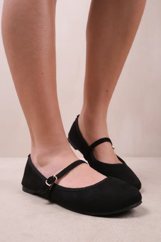 Flats with rubber slip-resistant sole-JOSIE BALLERINA FLATS WITH STRAP DETAIL IN BLACK SUEDE