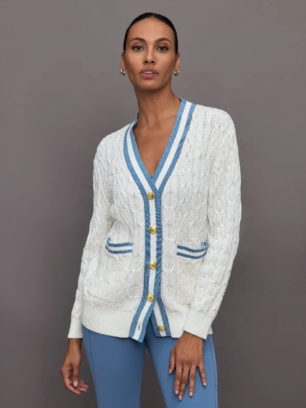 button-up plaid tops for fall fashion-Varsity Cable Knit Cardigan - Cream