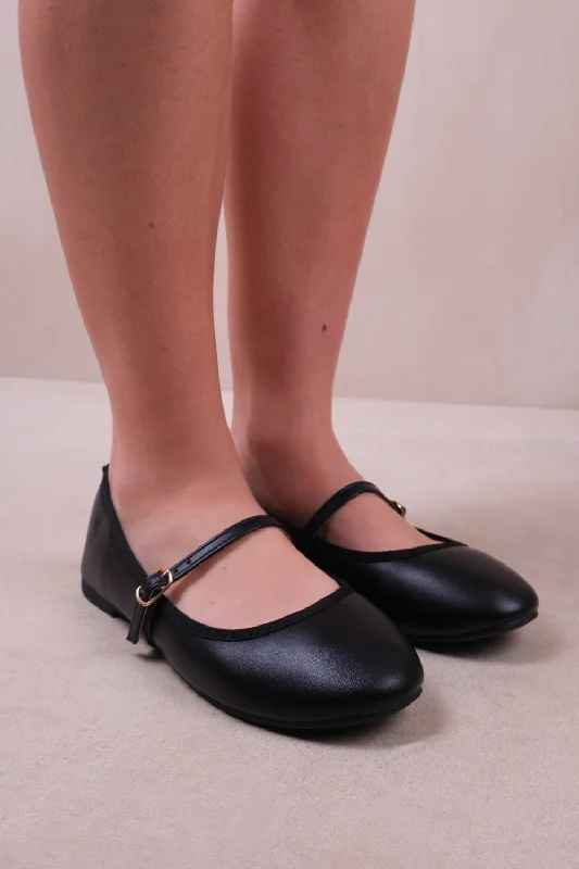 Flats with suede plush texture-JOSIE BALLERINA FLATS WITH STRAP DETAIL IN BLACK FAUX LEATHER