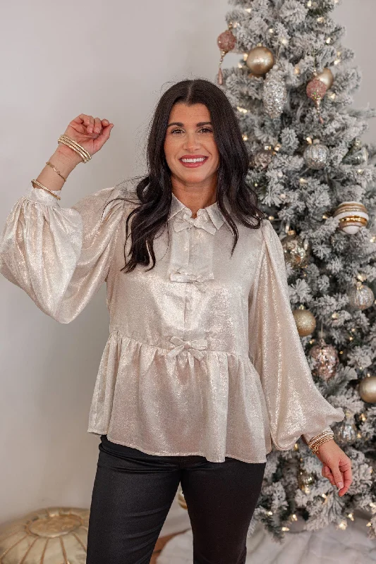 casual hoodie tops for weekend wear-Shimmering Pearl Peplum Bow Top