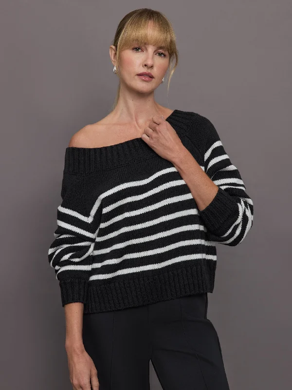 classic casual blouse tops for workwear-Wool Blend Slouchy Knit Sweater - Black / White Stripe