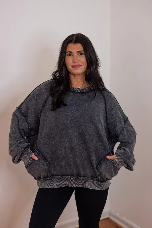 lightweight tops for warm weather-Comfy Favorite Washed Black Pullover