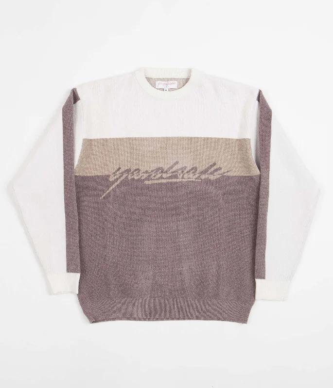 Hoodies & sweatshirts with striped modern patterns-Yardsale Chenille Script Knitted Crewneck Sweatshirt - White / Brown / Tan