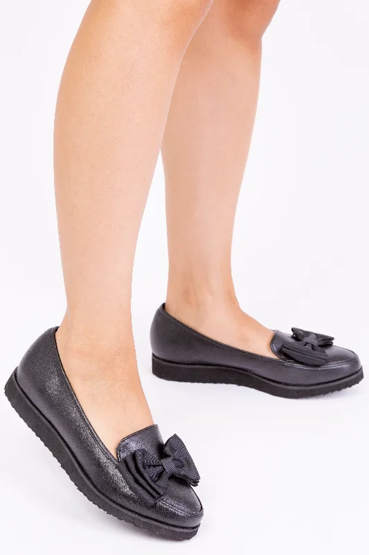 Flats with rubber non-slip durability-ALPHA FLAT BALLET SLIDER WITH BOW IN BLACK FAUX LEATHER