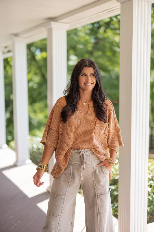 pullover sweater tops for layering-Cozy Perfection Washed Caramel Top