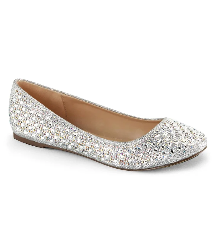 Flats with light rubber texture-Silver Rhinestone Round Toe Flats