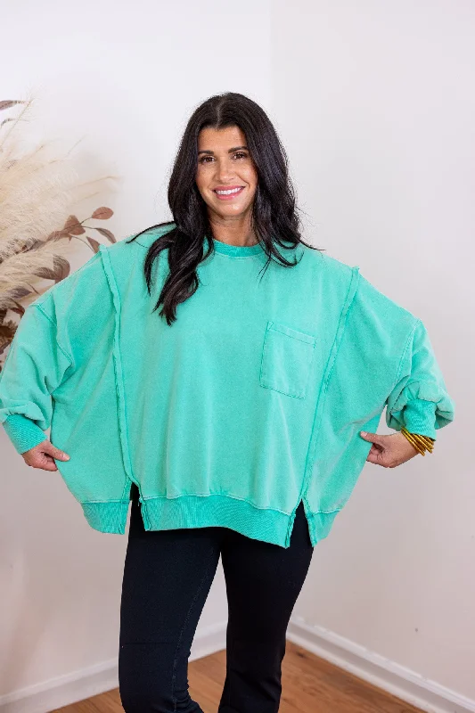 lace tops for delicate femininity-Trending On Washed Green Pullover