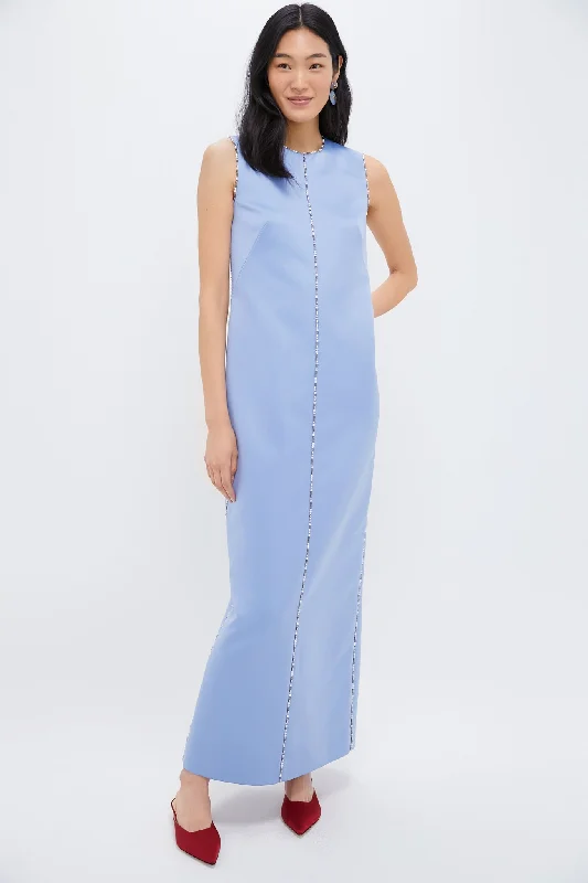 Luxe satin dresses-Baby Blue Amon Embroidered Doppio Satin Dress