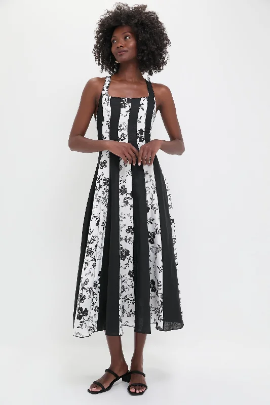 Breezy beach dresses-Black and White Floral Linen Midi Dress