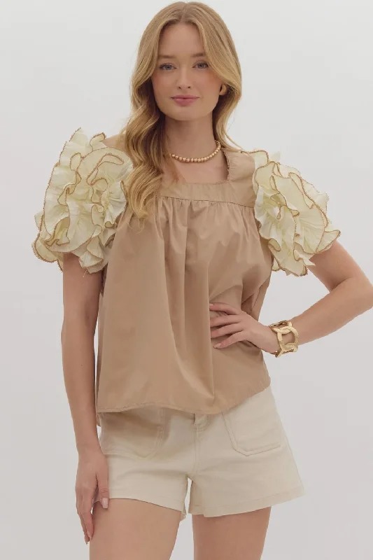 trendy off-shoulder tops for summer nights-Perfectly Puffed Light Mocha Top