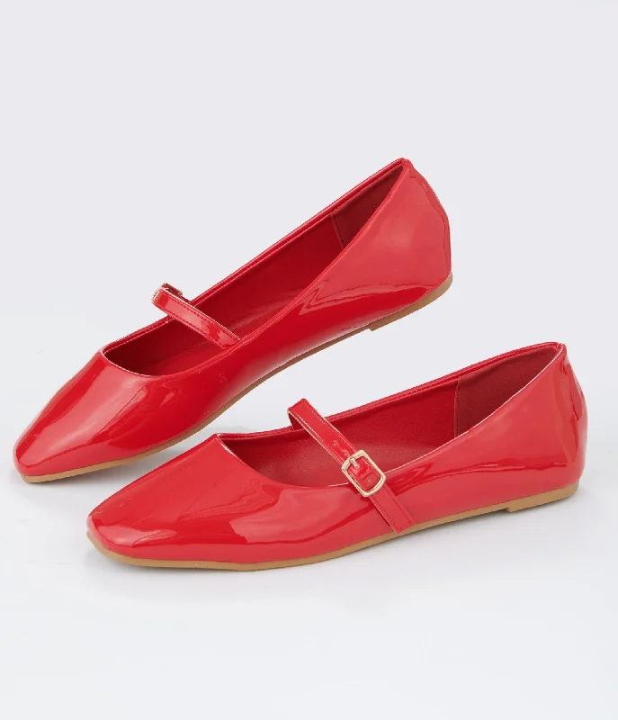 Flats with high-end custom patterns-Red Patent Leatherette Mary Jane Flats