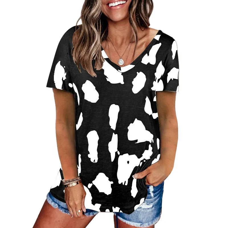 chic blouse tops for professional style-Haute Edition V-Neck Women's Leopard Print Summer Casual Top Tee