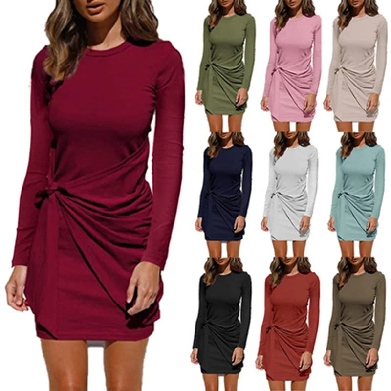 Cute skater maxi dresses-Haute Edition Long Sleeve Tie Waist Bodycon Cocktail Dress