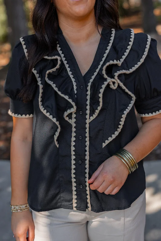 color-block tops for a modern touch-Ruffled Frills Embroidered Black Top