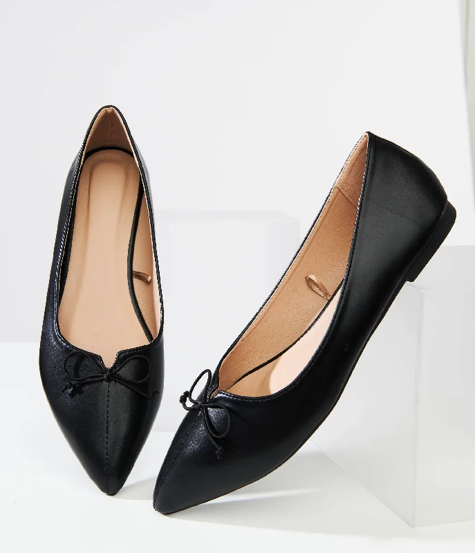 Flats with square toe rustic style-1990s Black Bow Pointed Leatherette Flats