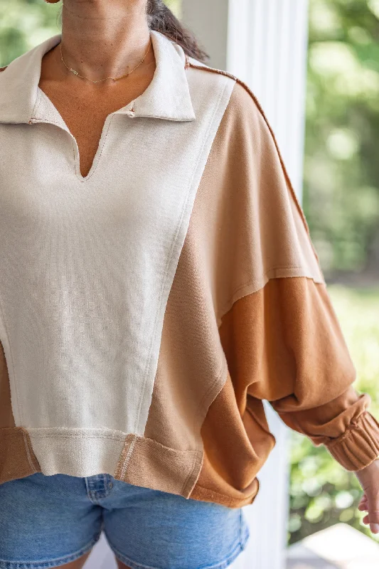 casual silk tops for elegant style-Colorblock Fab Taupe Mix Pullover