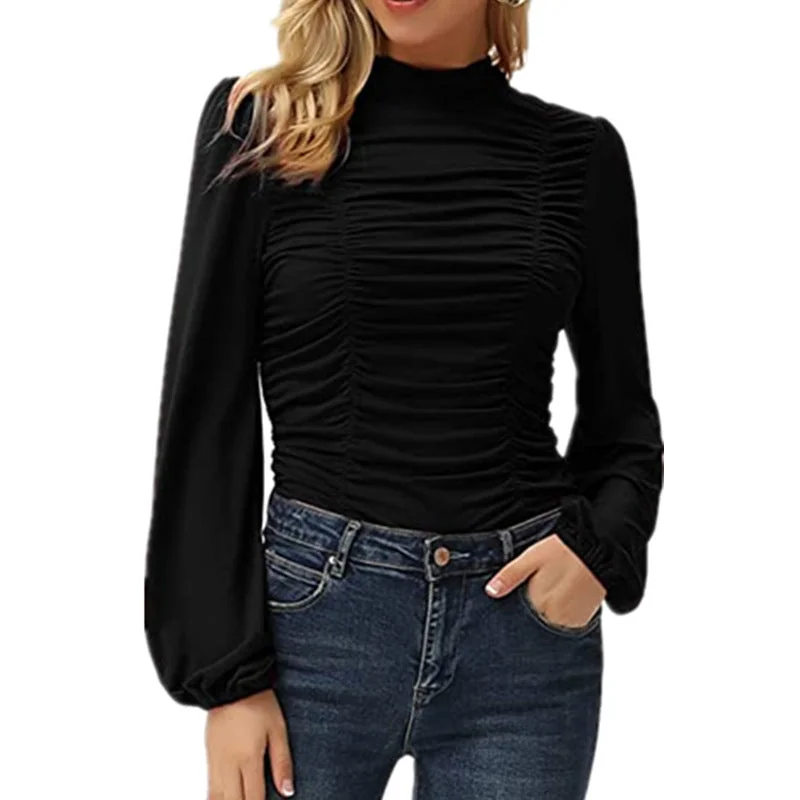 fleece-lined long-sleeve tops for warmth-Haute Edition Women's Puff Sleeve Ruched Fitted Turtleneck Top