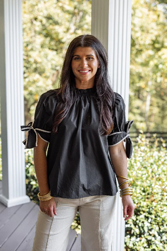 printed blouse tops for unique looks-Bow Tie Fabulous Black Top