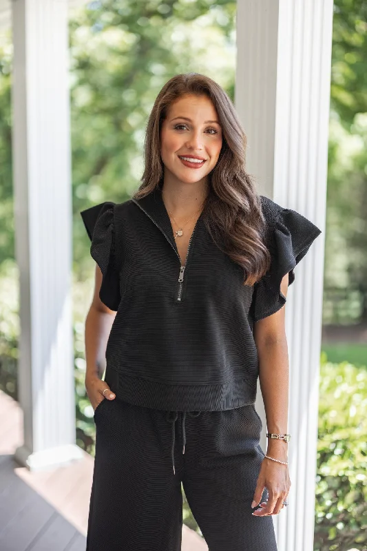 crochet blouses for breezy outfits-Everyday Elegance Black Textured Top