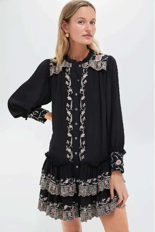 Casual denim midi dresses-Black Lacey Embroidery Long Sleeve Tunic Dress