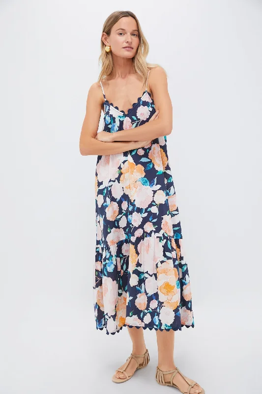 Sexy slit maxi dresses-Midnight and Multi V-Neck Midi Dress in Peony Print with Ric Rac Trim